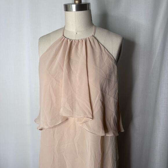 Nouvelle Amsale Cait Halter Layered Knee Length Chiffon Dress Fawn Medium - Picture 2 of 6